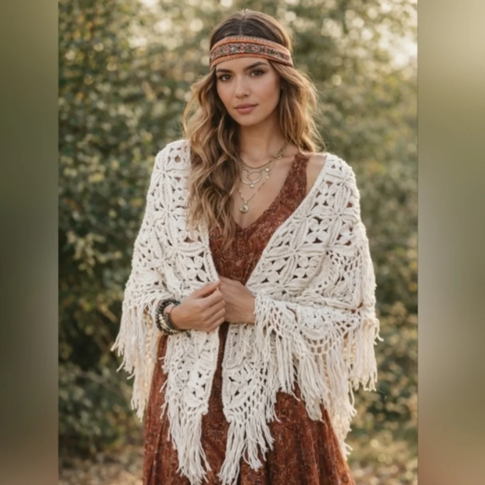 Crochet Vintage Shawl / Wrap / Throw 3' X 6' Boho Granny Square 3d Knit Ivory - Picture 1 of 4